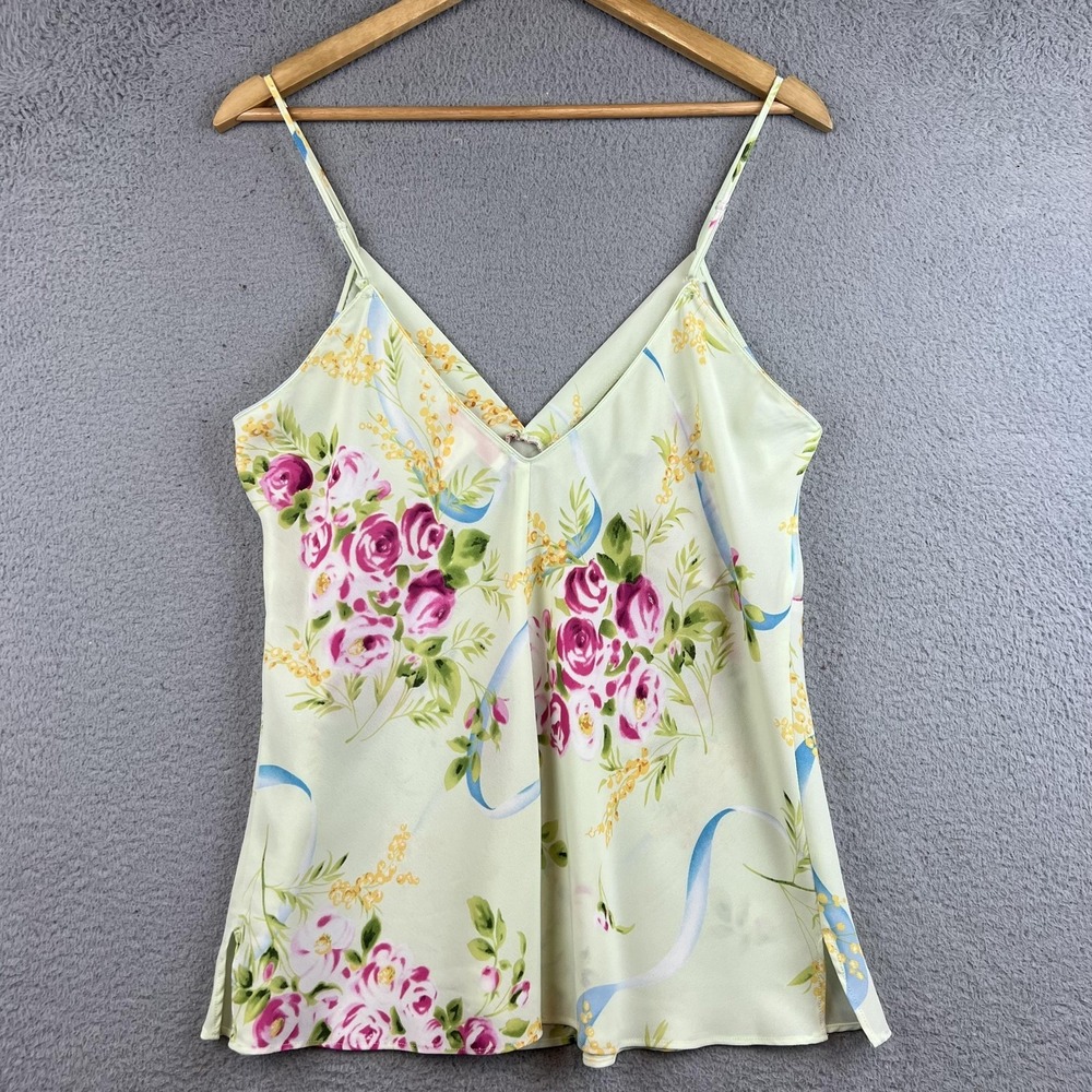 Oscar De La Renta Camisole Tank Top Womens Large Multicolor Floral Satin V Neck - Picture 2 of 9